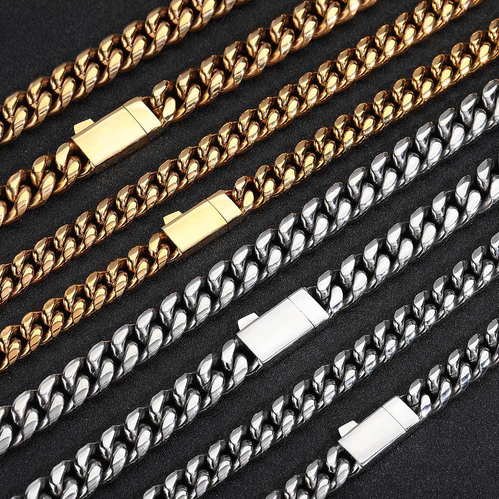 6mm-12mm Hip Hop Stainless Steel Miami Cuban Link Chain Necklace Full 5A Zircon Spring Clasp 18K Gold Plated Accessories Jewelry Set