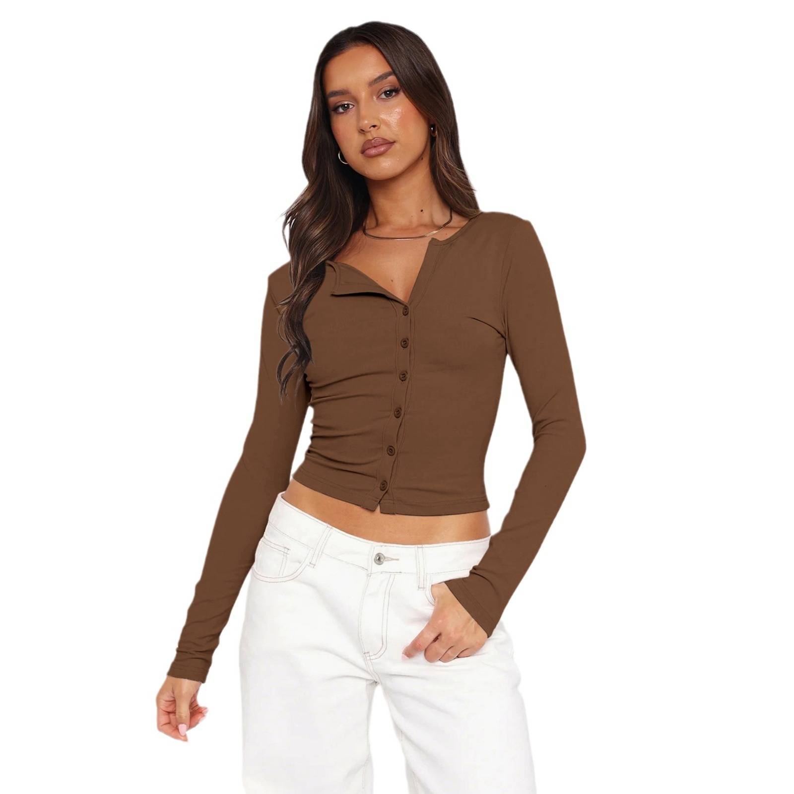 Autumn and winter solid color soft button short jacket long sleeved slim fit style top cardigan fashionable women's clothing dongdumaoyi