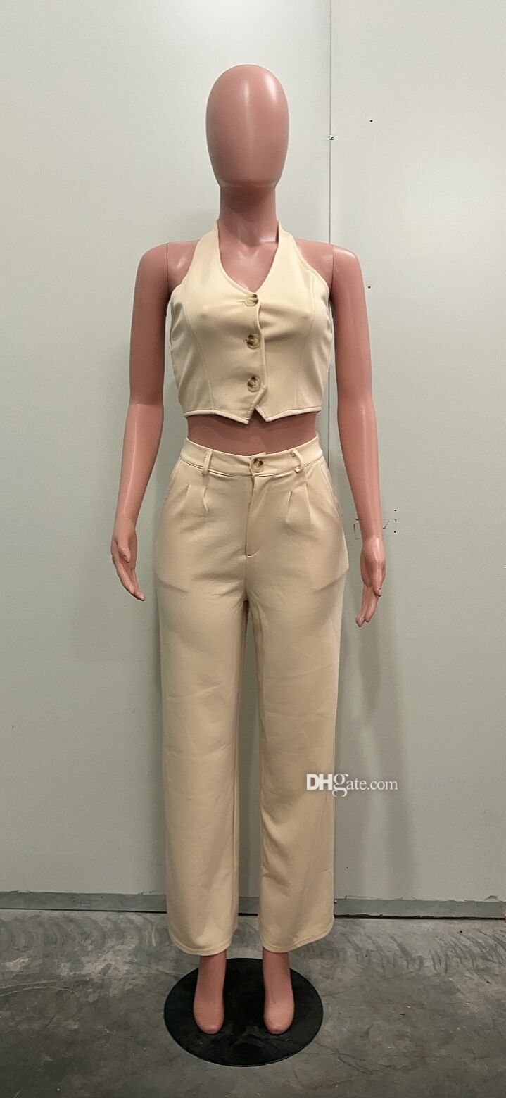 New Fashion Tracksuit Women Solid Color Two Piece Set Sexy Deep V-neck Hanging Neck Vest Suit And Loose Pants 2Pcs Sets For Women Outfits