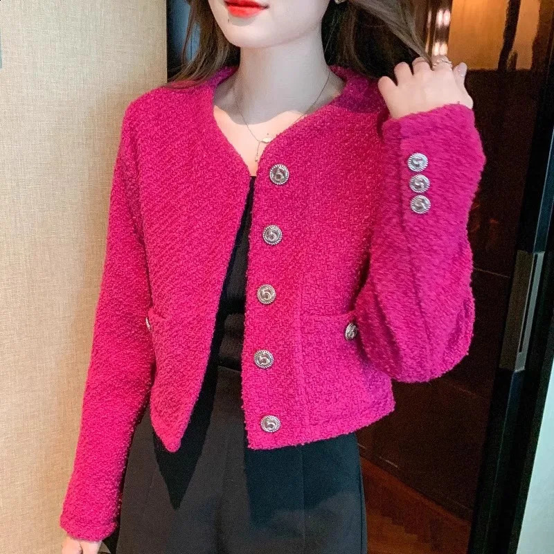 High Quality Small Fragrant Tweed Blazer Jacket for Women Pink Short O-neck Casual Coats Spring Autumn Elegant Trendy 240812