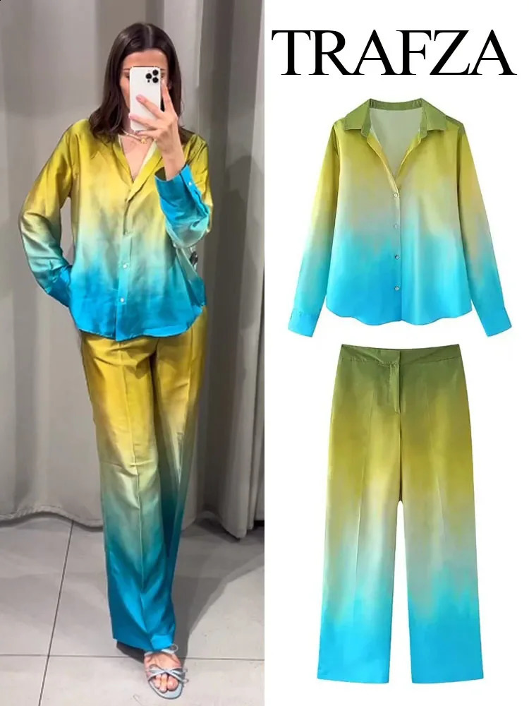 TRAFZA Women Summer Tie Dye 2-Piece Set Vintage Turn Down Collar ShirtHigh Waist Gradient Pockets Zipper Casual Wide Leg Pant 240812