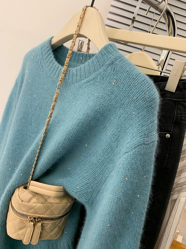 Blue Pullover Sweater Women Autumn Winter Solid Color O-neck Long Sleeved Sweater Casual Versatile Lazy Style Knitted Tops 240812