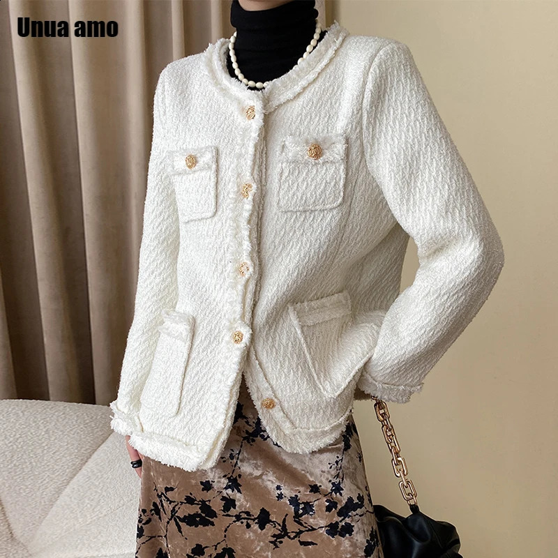 High-end Wool Blend Tweed Coat Women Simple Solid Single Breasted O-neck Elegant Long Sleeve Spring Autumn Jackets 240812