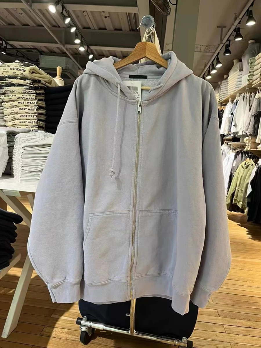 Blue Simple Oversized Hoodie Women Autumn Pocket Cotton Drawstring Hooded Sweatshirt Female Streetwear Solid Zip-up Sweatshirts 240812