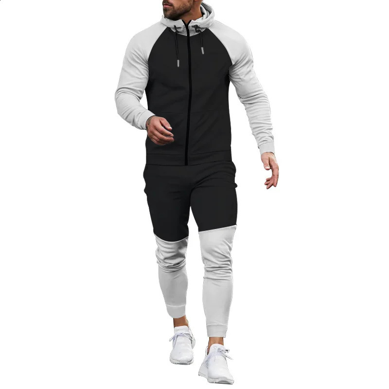 Autumn winter hoodie color matching sports suit Casual sports suit mens coat trousers fashion set 240812