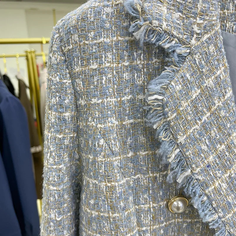 Blue Tweed Women Blazer Jacket Office Lady Plaid Double Breasted Button Up Coat Casual Girls Streetwear 240812