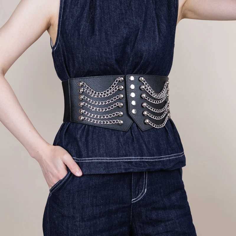 Belts Ladies Chain Rivet Punk Performance Elastic Girdle Waist Decorate Corset Wear Oustide Jeans Dress Accessories Belts For Women Y240810YR3W