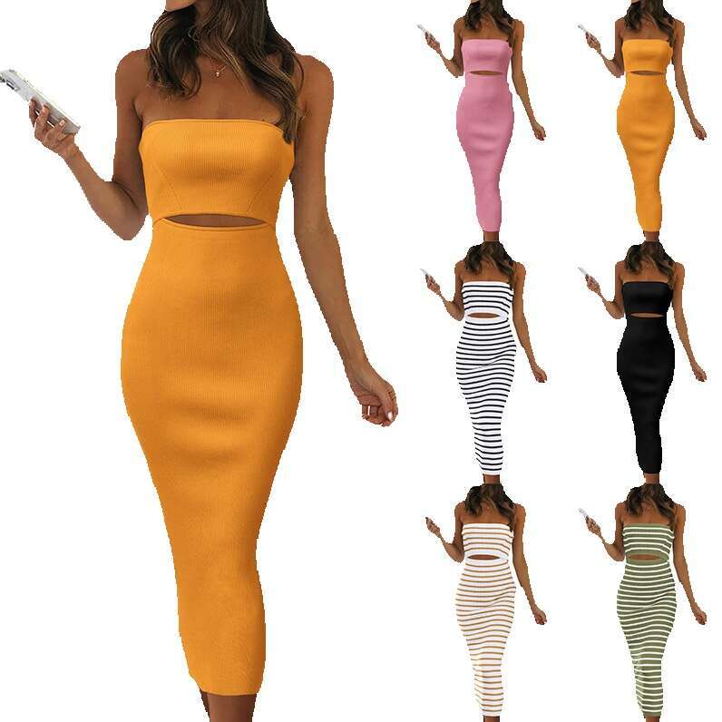 2024 Summer New TIKTOK Womens Knitted Strapless Slim Fit Hip Hugging Long Dress Long Summer Dress Fishtail Dress Loose Bifurcated Silk Dress Lace Dres