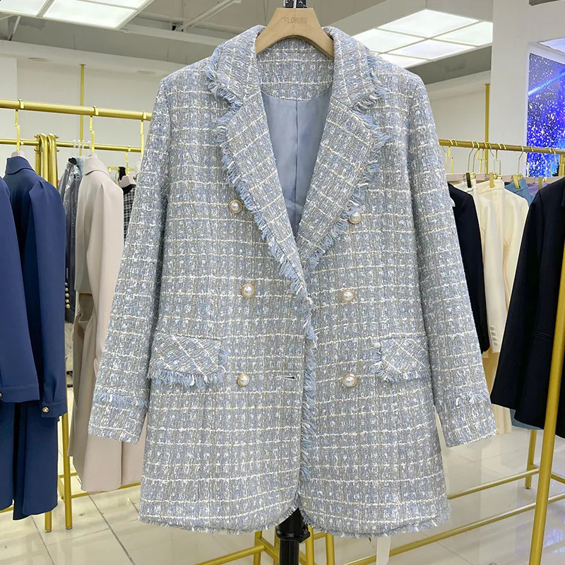 Blue Tweed Women Blazer Jacket Office Lady Plaid Double Breasted Button Up Coat Casual Girls Streetwear 240812