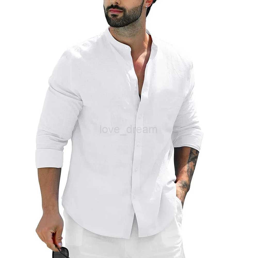 Mens Beach Shirts Casual Long Sleeve Summer Shirt Men Slim Fit Single Breasted Tops Male Stand Collar Cotton LinenXJ240812