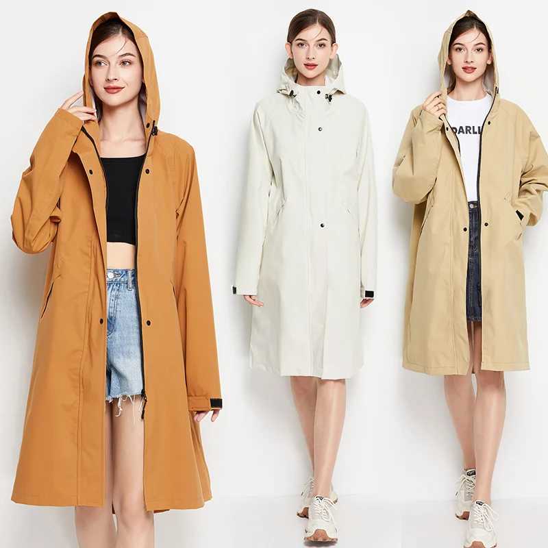 Women Stylish Long Raincoat Waterproof Rain Jacket with Hood Zipper Y240810