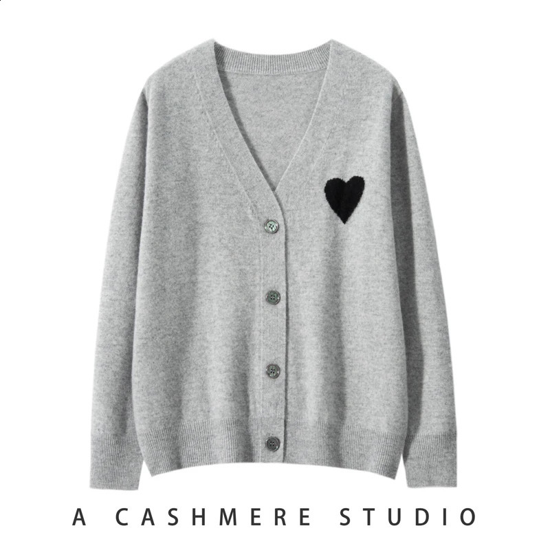 Spring Womens V-neck Cardigan Preppy Style 100% Cashmere Sweater Heart Embroidery Cashmere Knitwear Korean Clothes 240812