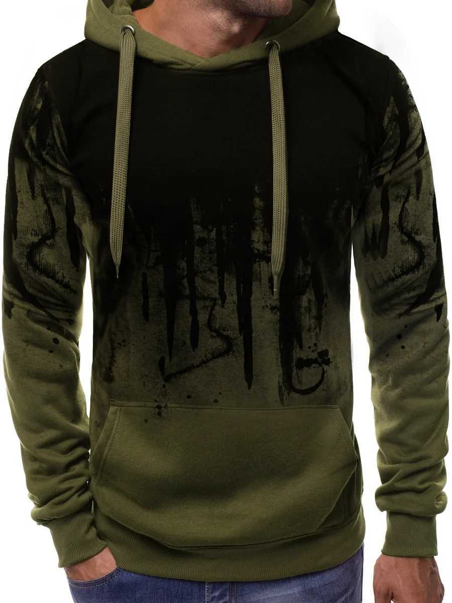 New mens sports hoodie with splashed ink autumn and winter fleece loose fitting trend fashionable pullover versatileXJ240812