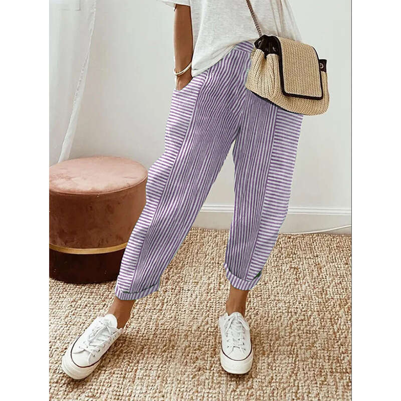 2024 Summer New Woven Jacquard Stripe Splicing Design Loose Casual Pants for Women Ice Silk Harlan Sweatpants Overalls Bound Feet Pants Trousers Carto