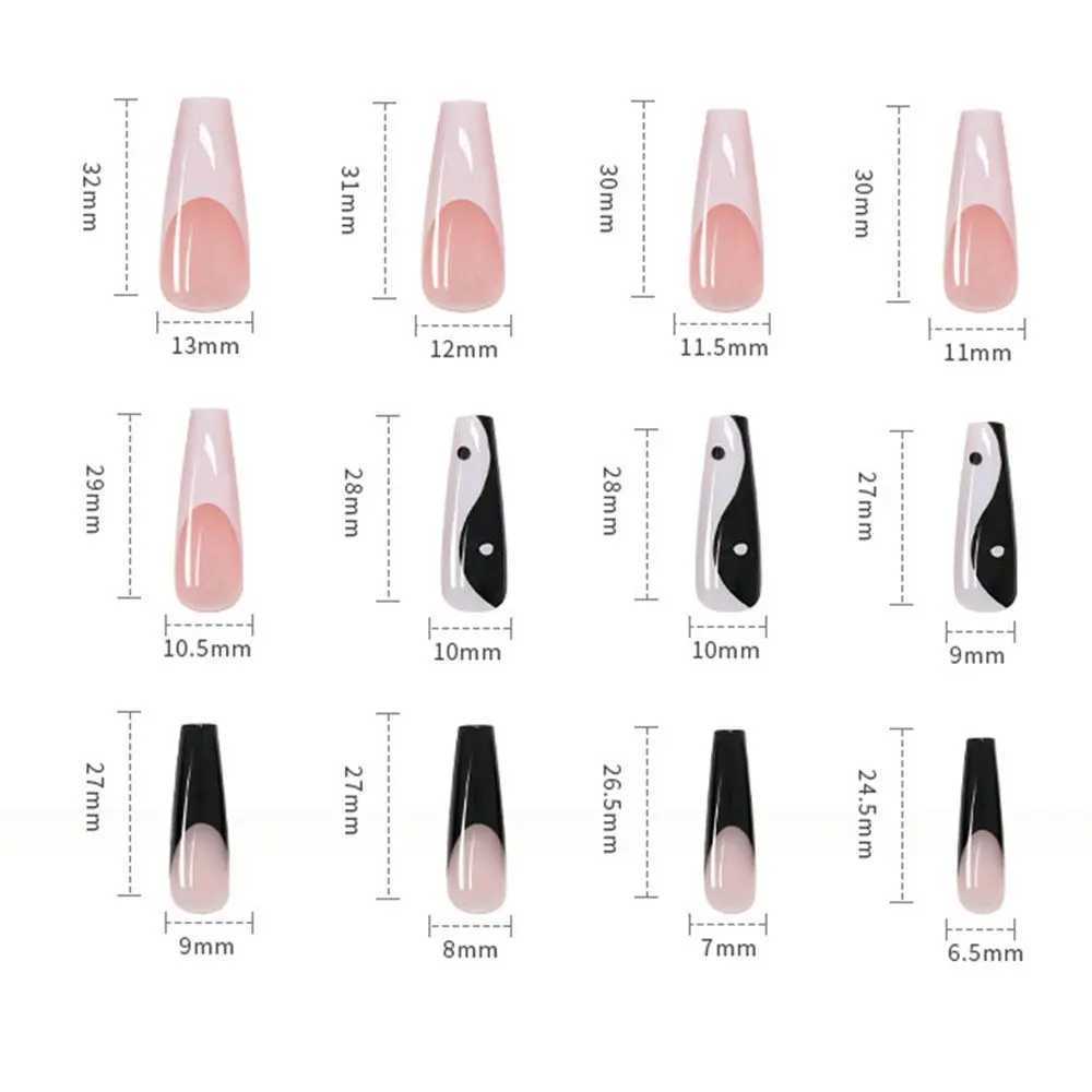 24 pieces of long coffin fake nails white black design wearable French ballet dancer fake nails press full set ergonomic nail tips W240810