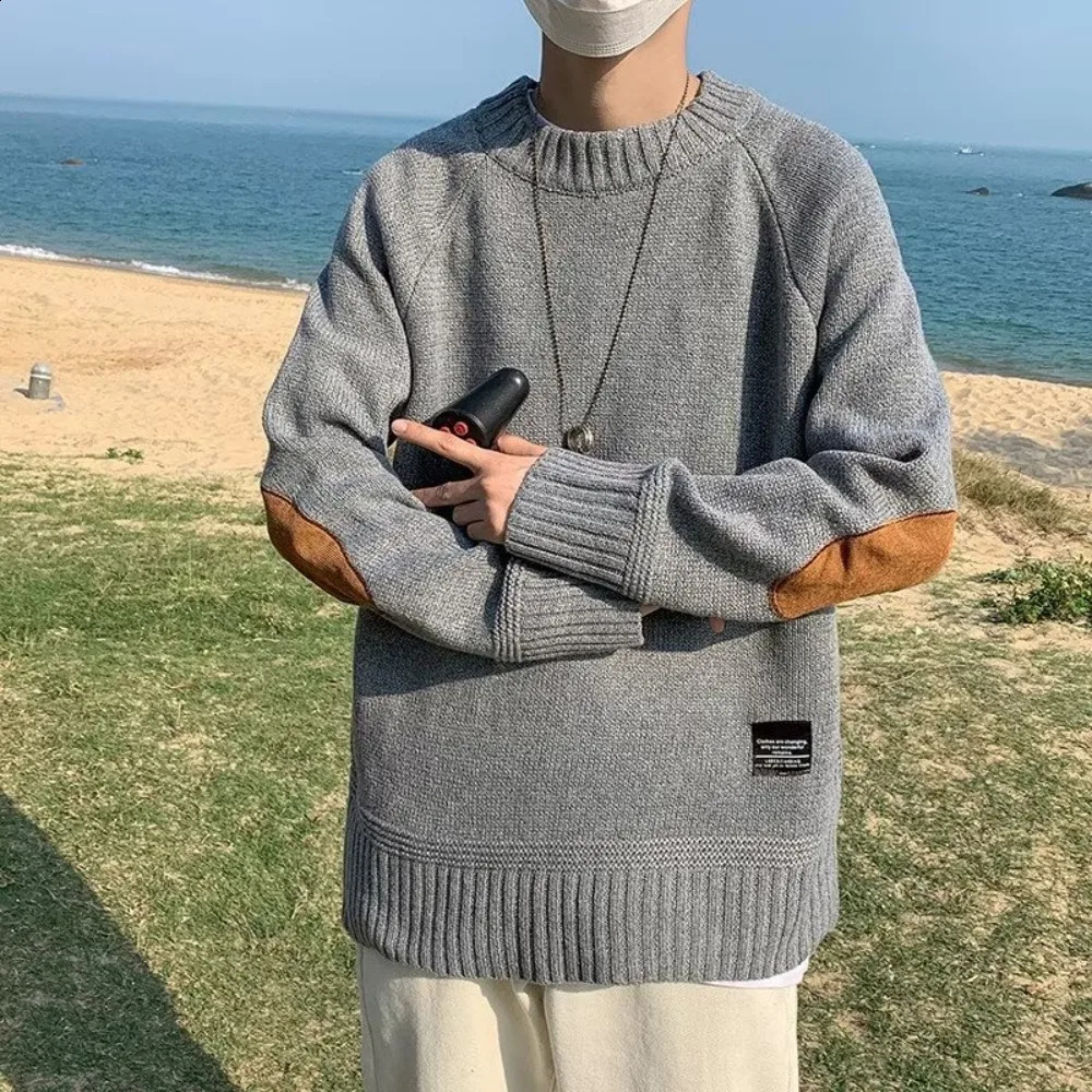Mens Casual Pullobers Color Blocking Winter Warm Sweater Fashion Loose Harajuku Lapled Round Neck Sweaters for Men 240809