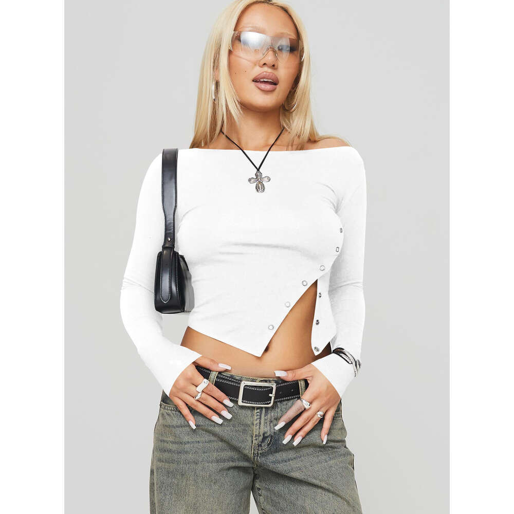 2024 Early Autumn New Women's Slant Slimming T-shirt Fashion Solid Color Shoulder Short Comfortable Top dongdumaoyi