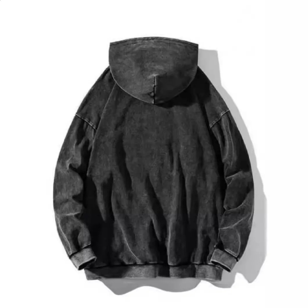 Vintage Pure Cotton Washed Solid Color Hoodie Autumn And Winter Hooded Pocket Round Neck Long Sleeved With Fleece 240812