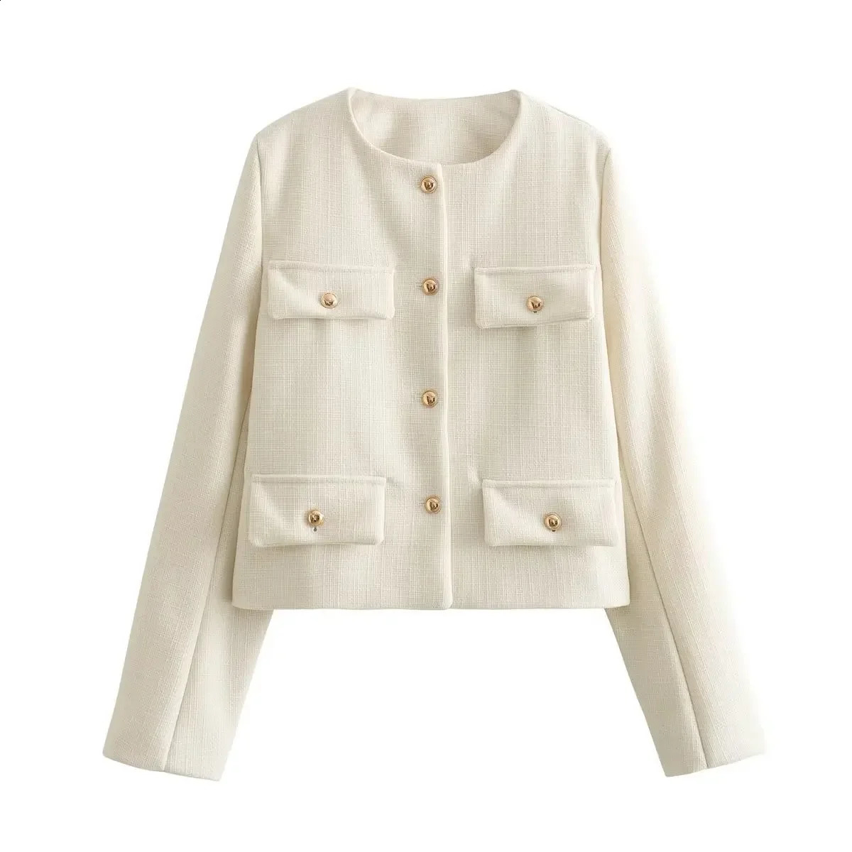 Autumn Cropped Jacket For Women Coat Winter Crop Jacket Tweed Round neck Long sleeved Demi-season Jacket Bomber Outerwears 240812