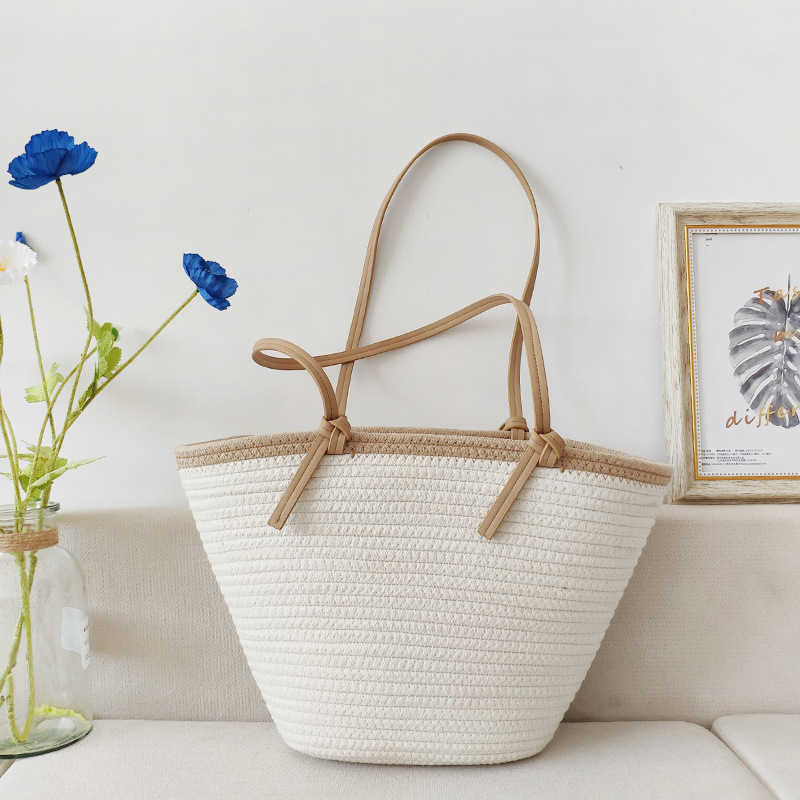 CMM New Instagram Fashion Simple Cotton Rope Woven Bag Handmade Grass Woven Bag Beach Vacation Large Capacity Tote Bag for Women