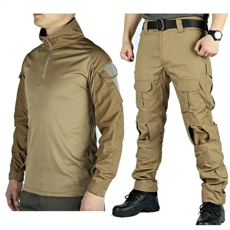 Mens Outdoor Sets Quick Drying Multiple Pockets Shirts Wear Resistant Cargo Pants Training 2 Pieces Set Male 240812