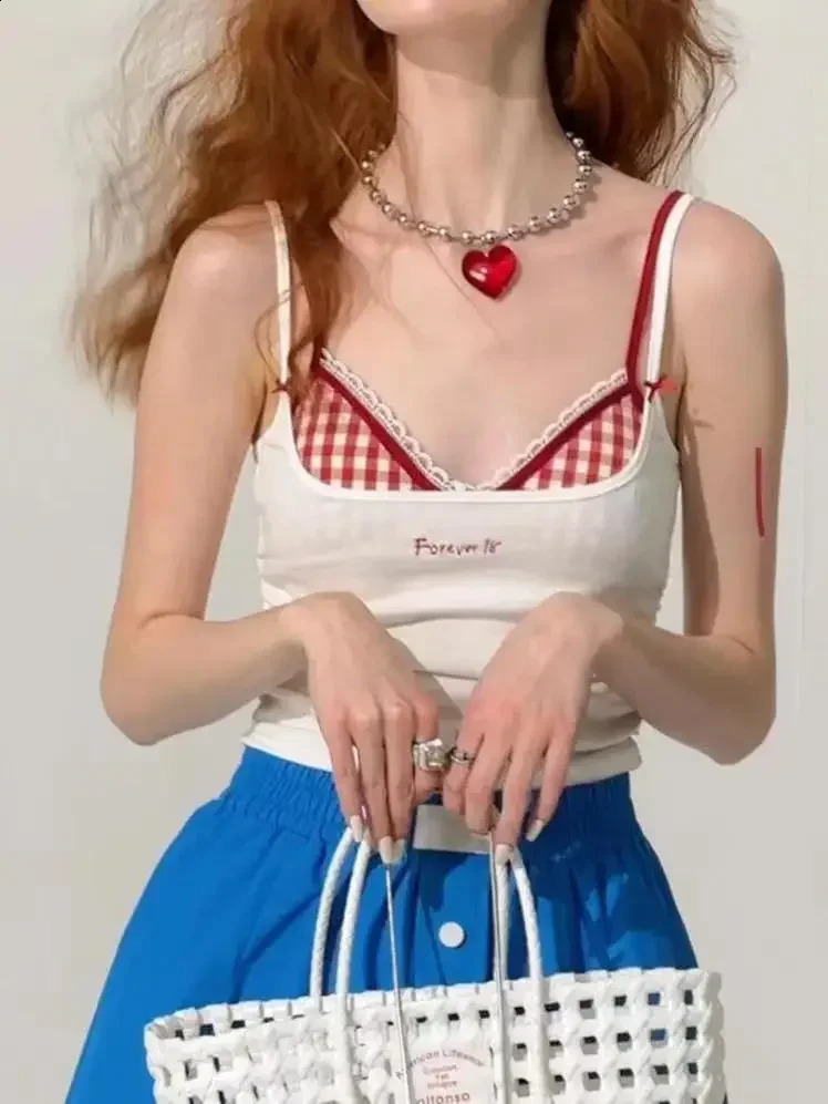 Summer Y2k Top Women Sexys Camis Crop Top with Cups Womens Sleeveless Bra Tank Tops 2000s Female Lace Plaid Corset Korean Style 240812