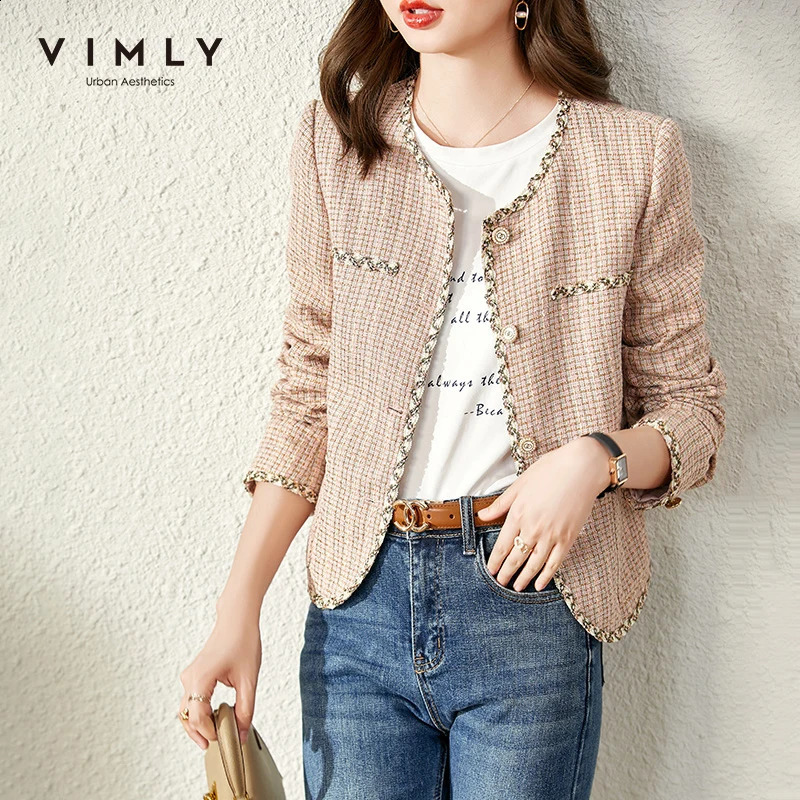 Vimly Short Tweed Jackets for Women Autumn Winter Korean Fashion Long Sleeve Elegant Jacket Coat Outerwear Clothes V0813 240812