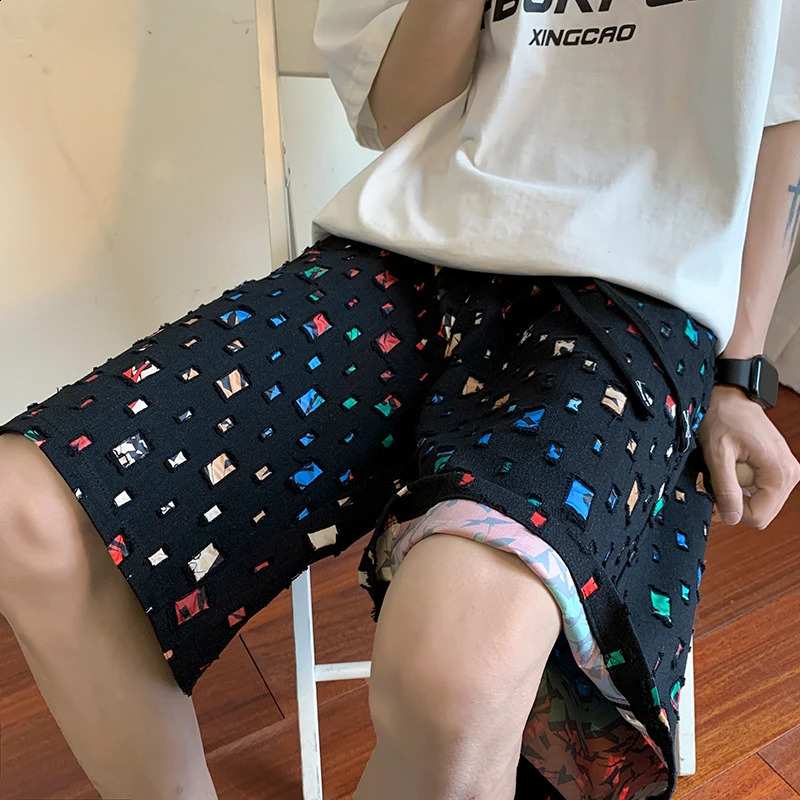 Summer Cotton Shorts Men Colorful Plaid Shorts Men Streetwear Hip-hop Loose Hollow Out Shorts Mens Beach Shorts Large Size 5XL 240812