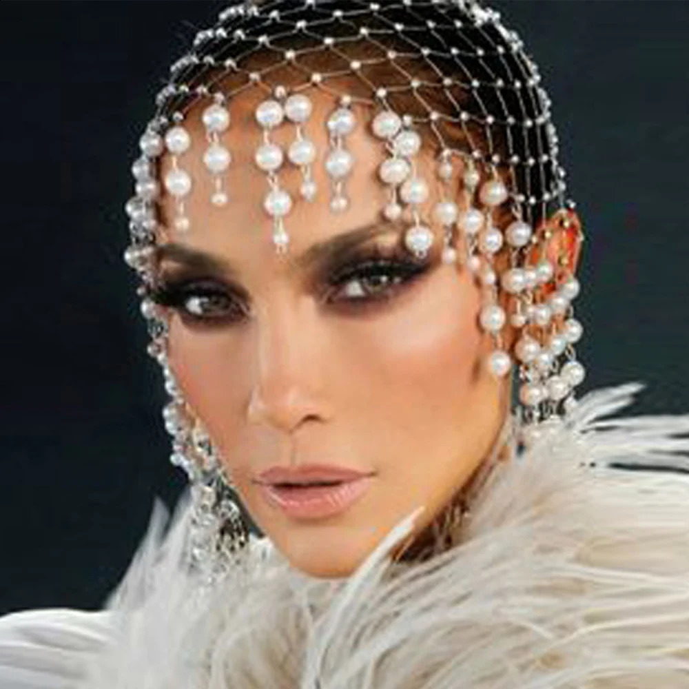 Stonefans Wedding Pearl Tassel Hair Accessories Wedding Hairband Handmade Hollowed Mesh Headpiece Head Chain Head Cap Gifts 240805