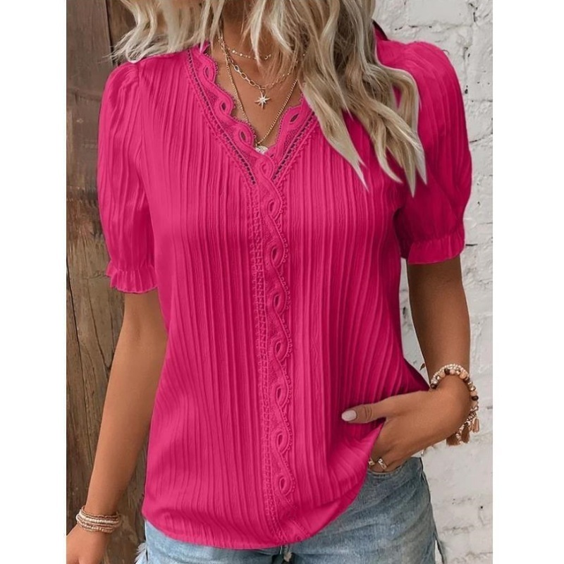 Elegant Blouse Solid Shirt Lace 2024 Summer Fashion Hollow