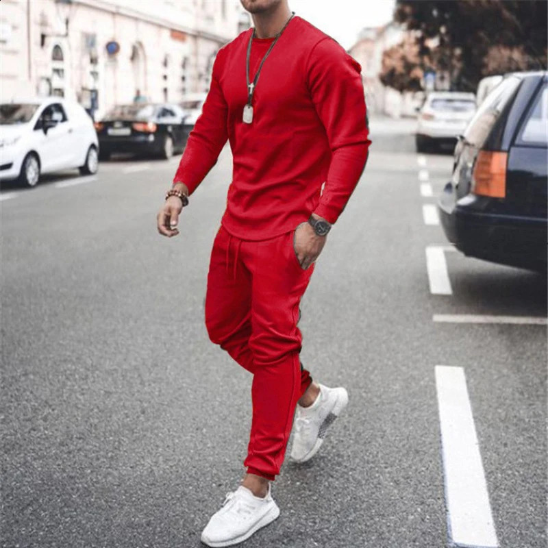 Summer Long-Sleeved Leisure Sports Two-Piece Mens Breathable Sweat-Absorbing Trend Multi-Color Suit 240812