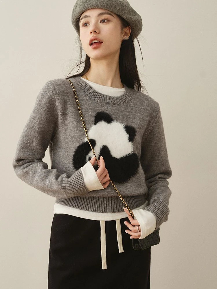 Preppy Style Sweaters Cartoon Flocking Long Sleeve Knit Crop Tops Casual Loose Pullovers All Match Fashion Cute Womens Clothing 240812