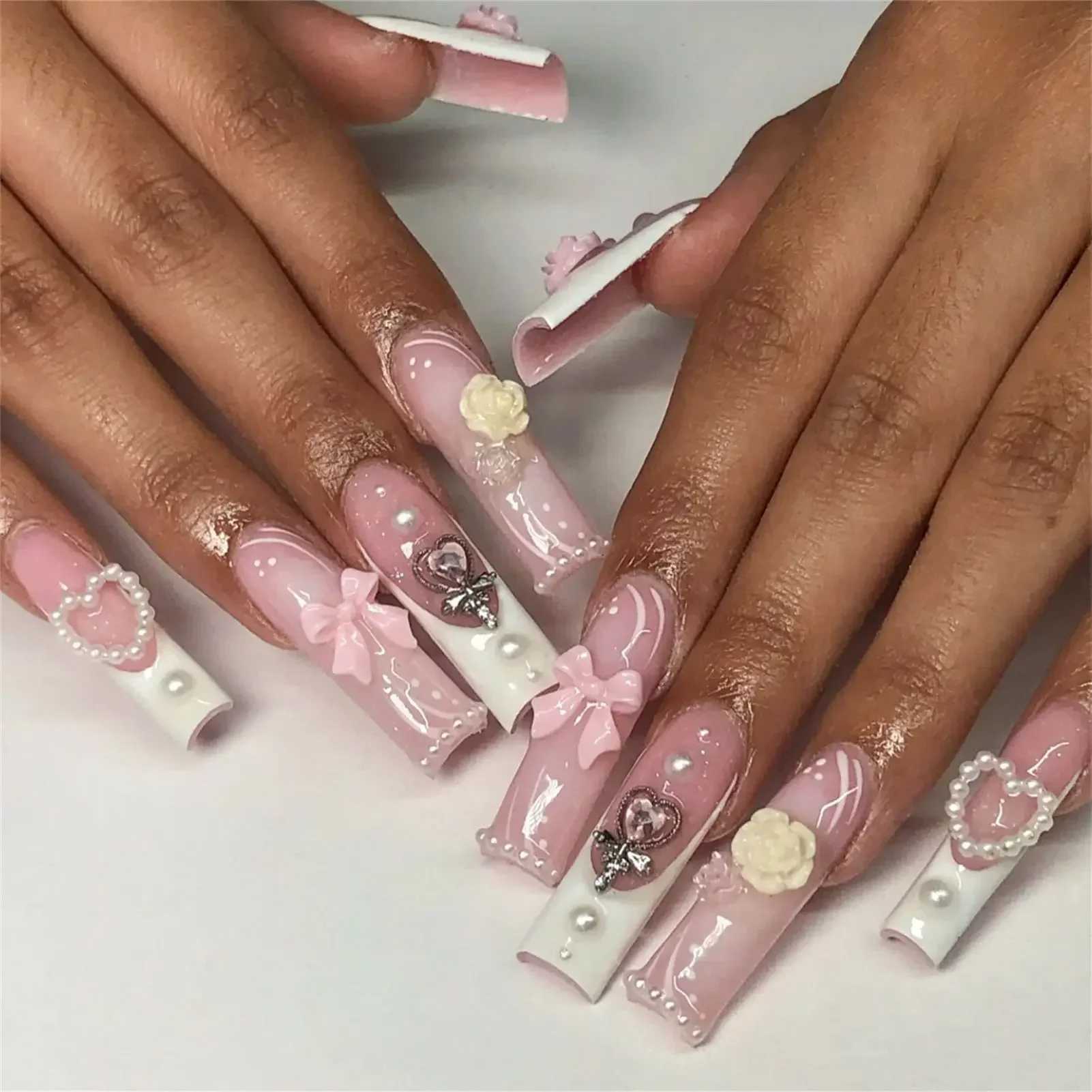 French Love Bow Decoration Fake Nail Medium Long Coffin Ballet Press Nail Korean Sweet 3D Flower Design Bridal Lady Fake Nail W240810