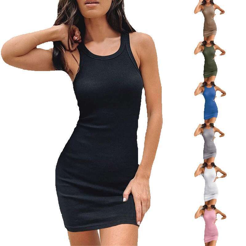 Versatile Popular 2024 Summer New Tiktok Womens Sleeveless Sexy Tank Top Skirt Fishtail Dress Autumn Dress Women Novelty Short Silk Dress Round Neck D