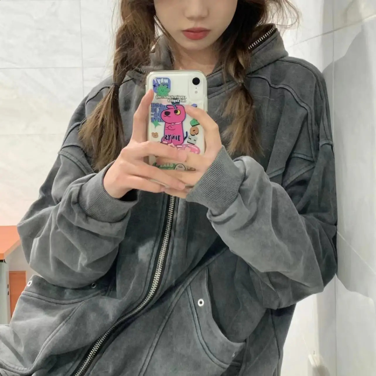 Spring and Autumn Miss Pure Cotton Make Old Washed Coat Hoodie Trendy HoodieAmerican Style Vintage Cardigan National Trend Loose 240812