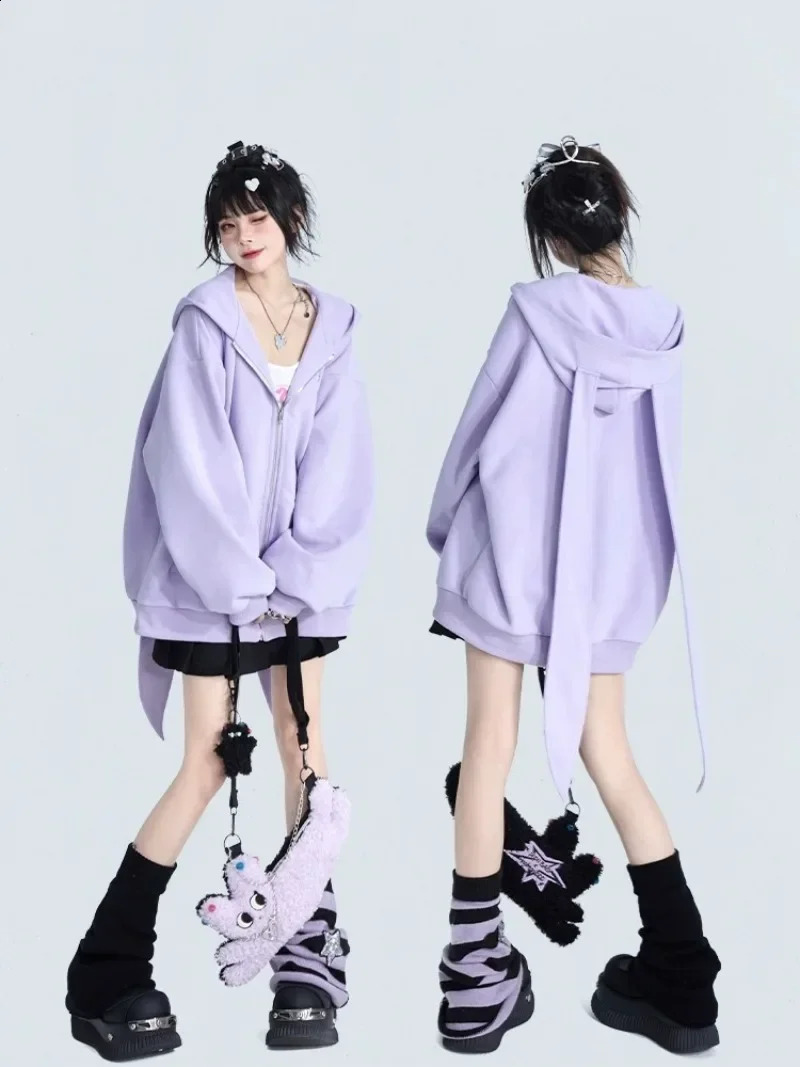 Autumn Winter Rabbit Big Ear Hooded Sweater Coat Oversize Zipper Cardigan Hoodie Jacket 2000s Korean Zip Up Y2k Tops Kpop 240812