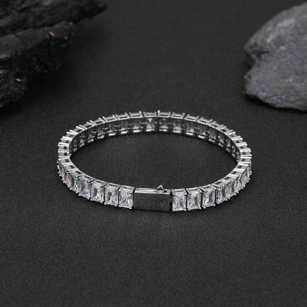 Hip Hop 7mm Square 5A Zircon Tennis Chain Necklace Real Gold Plated Mens Jewelry Set