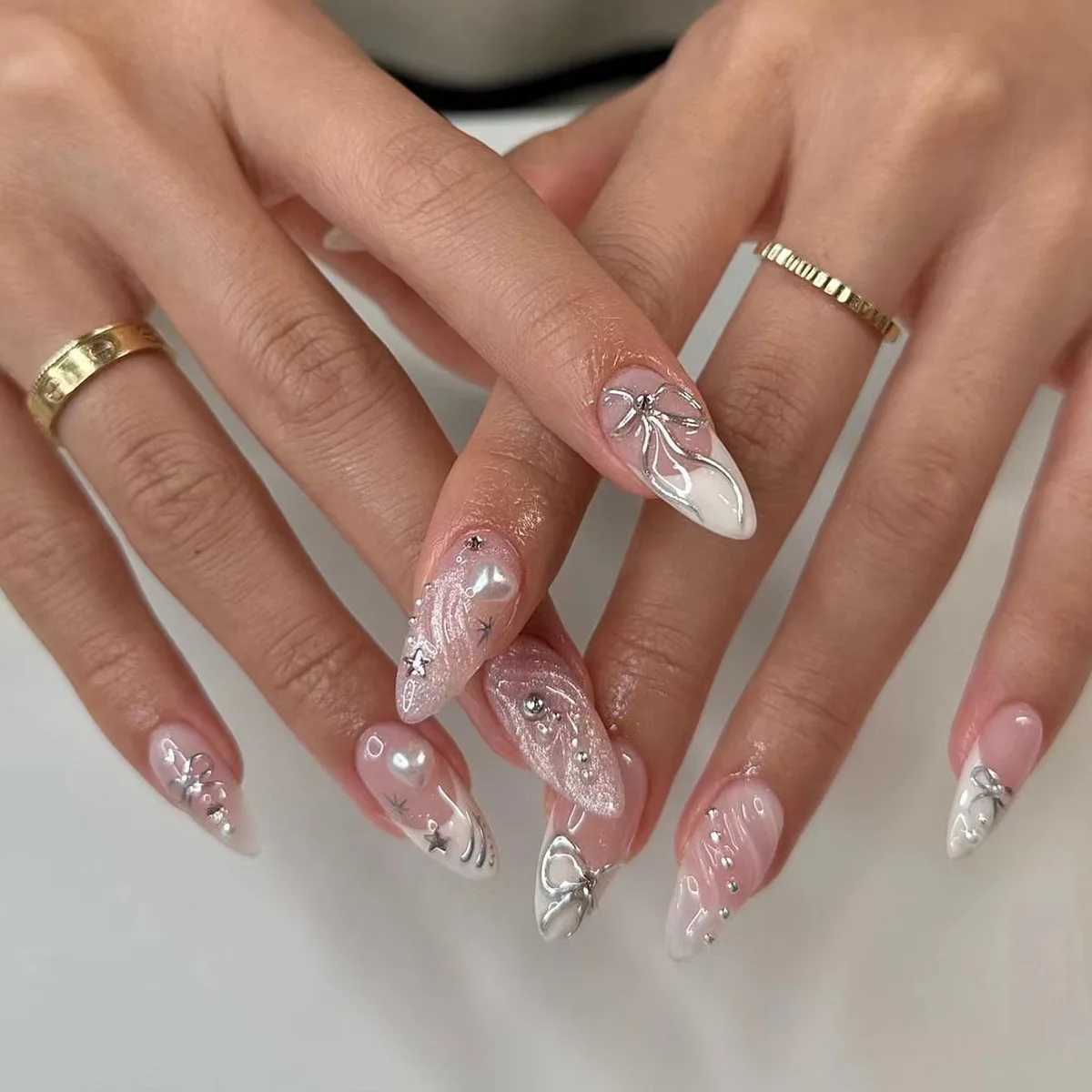 24 Simple French Nail Art Tips for Fake Nails 3D Design Wearable Full Set of Fake Nails Medium Length Reusable NailsXJ250327