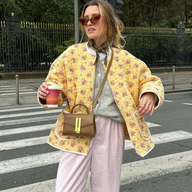 Womens autumn aesthetic floral print stand collar colorful pocket bedding jacket womens warm fashionable top 240808