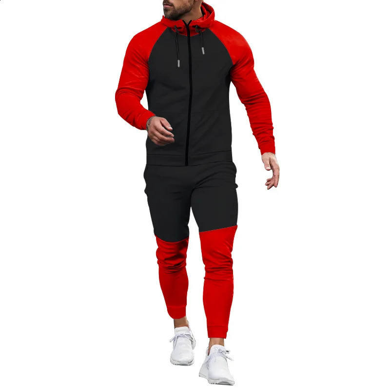 Autumn winter hoodie color matching sports suit Casual sports suit mens coat trousers fashion set 240812