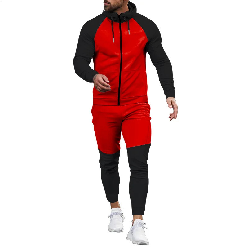 Autumn winter hoodie color matching sports suit Casual sports suit mens coat trousers fashion set 240812