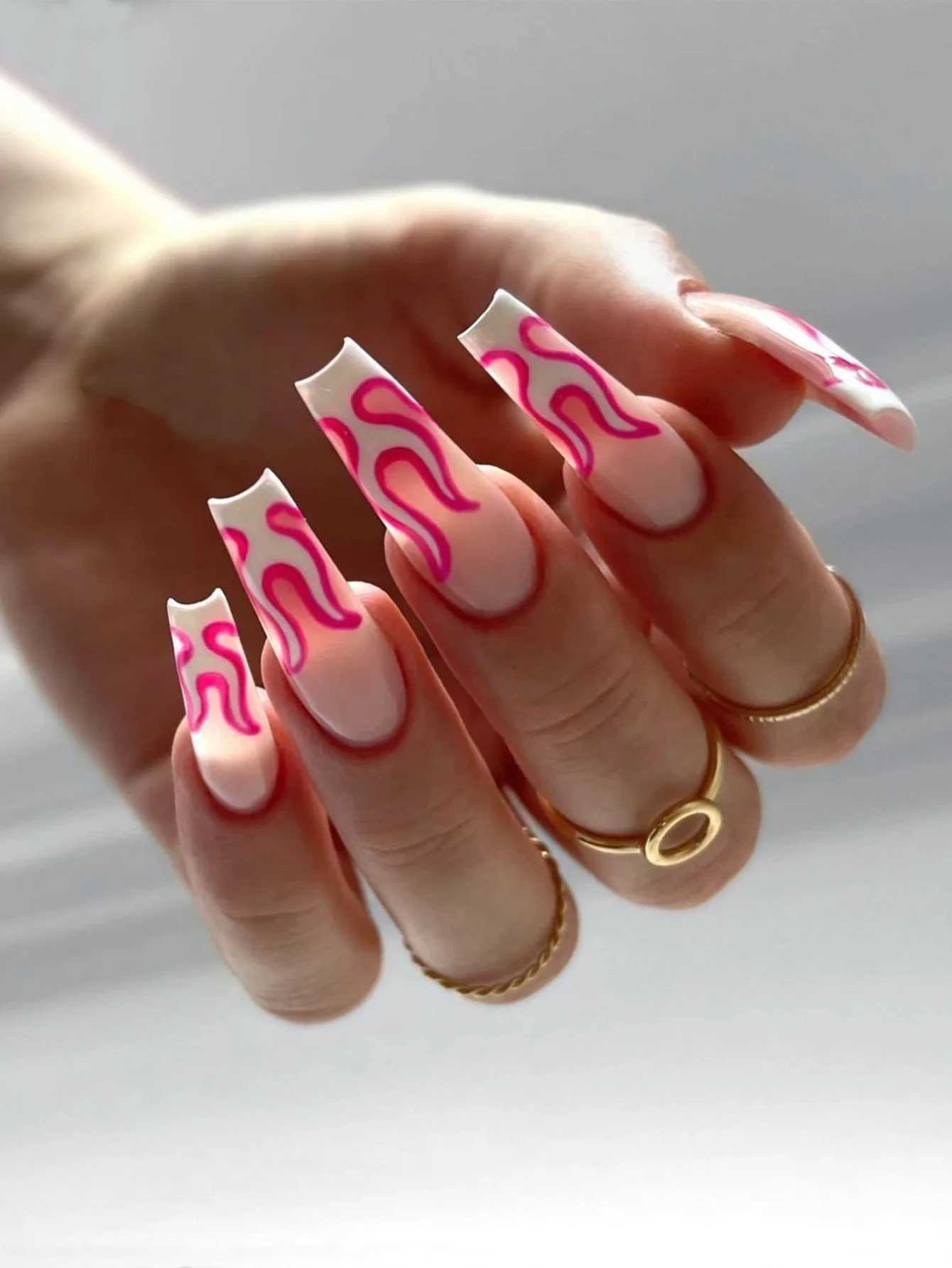 Enhance your style with a 24 piece long coffin white flame full set of fake nails - Ballet dancer Rose Flame Press W240810
