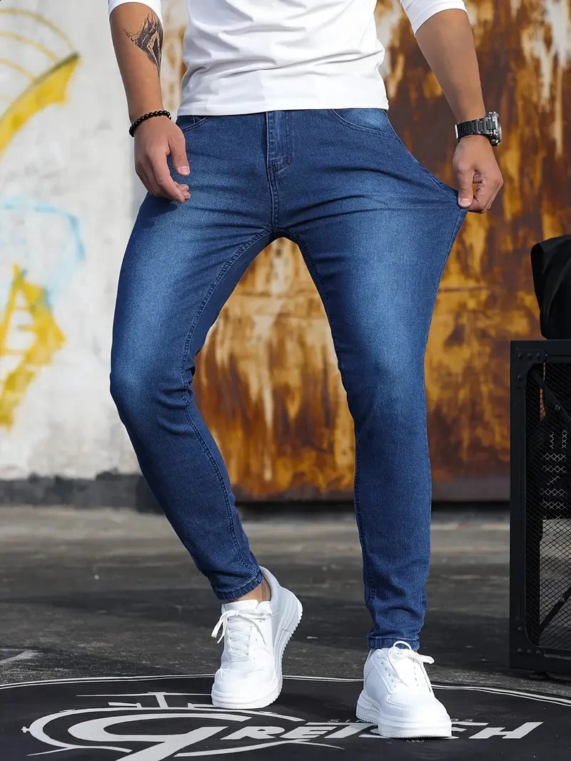 Man Pants Retro Washing Zipper Stretch Jeans Casual Slim Fit Trousers Male Plus Size Pencil Pants Denim Skinny Jeans for Men 240812