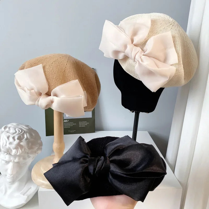 Japanese Style Big Bow Autumn Beret Cap Female Women Summer Breathable Knitted Hat Temperament Painter Hat For Girl 240805