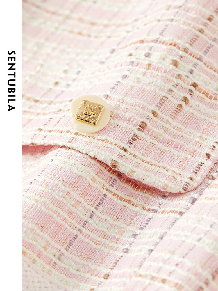 SENTUBILA Women Pink Tweed Jacket Autumn Elegant Round Neck Long Sleeve Single Breasted Straight Short Jackets W41W53601 240812