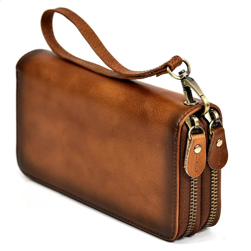 Original leather mens wallet old card holder long and retro 240810