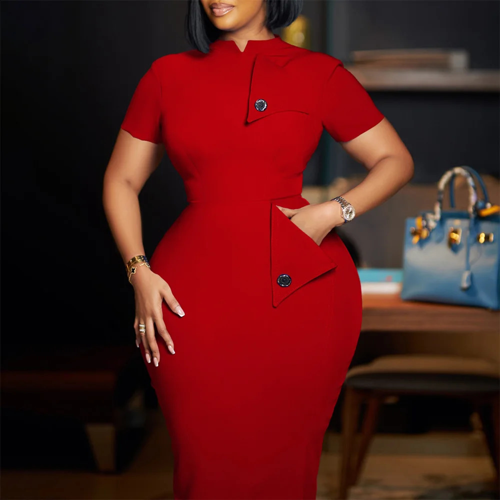 Elegant Bodycon Dresses for Office Ladies O Neck Short Sleeve Buttons Sheath Package Hips Mid Calf Professional Work Dress Midi 240812