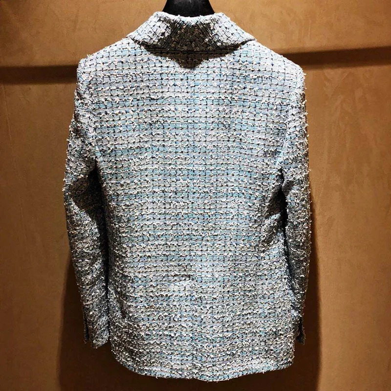 Spring Womens Blaze Tweed Blue Plaid Slim Tailoring Professional Woman Thin Coat High-end Silk Lining Top Blazers Jacket 240812