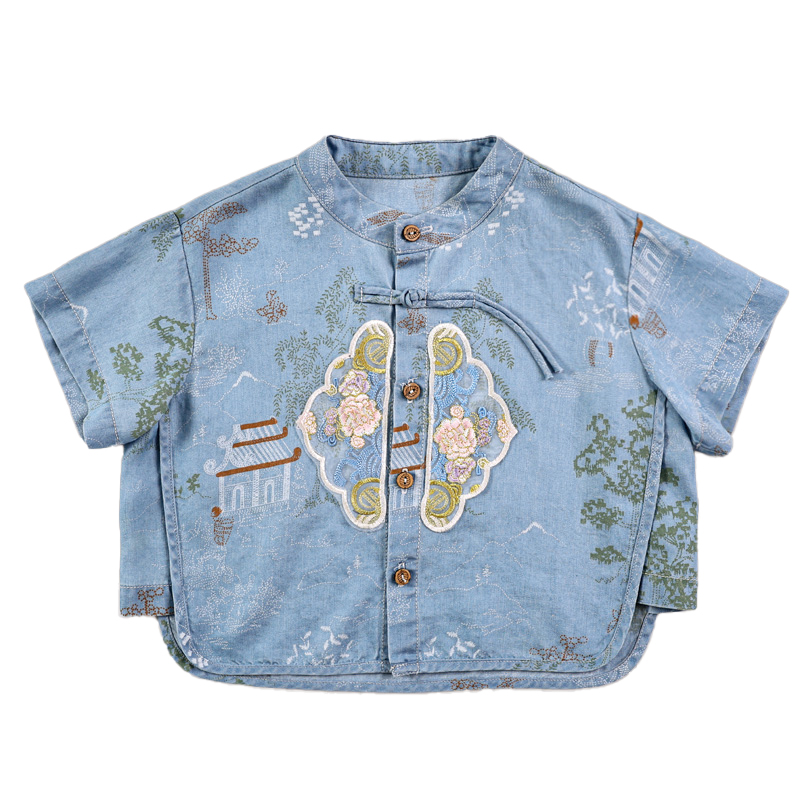 Summer children's explosive new Tencel cowboy short-sleeved suit boys and girls new Chinese Hanfu cowboy two-piece suit
