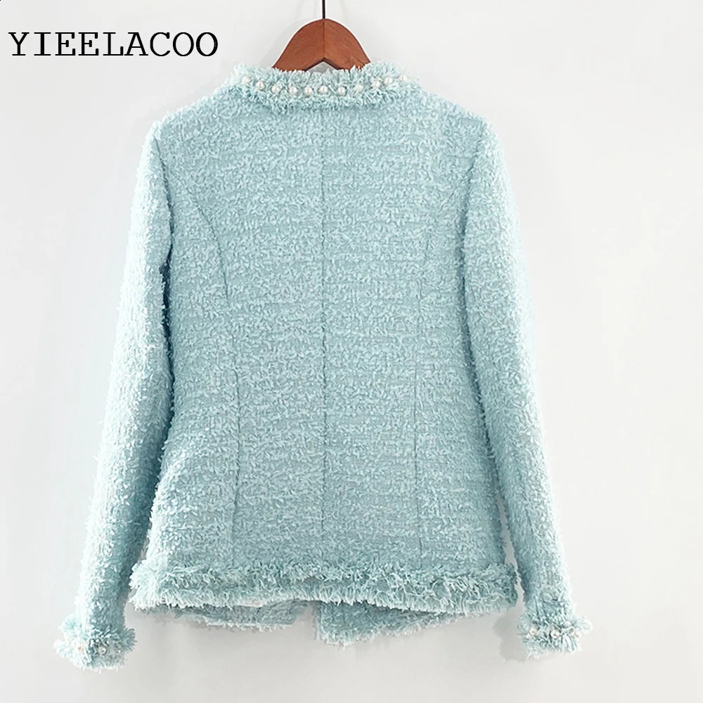 Light blue tweed jacket spring /autumn / winter jacket temperament One piece round neck coat Handmade beads womens jacket 240812